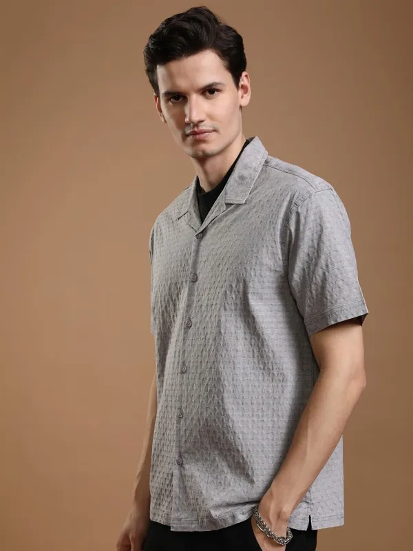 Highlander Men Grey Textured Relaxed Fit Casual Shirt
