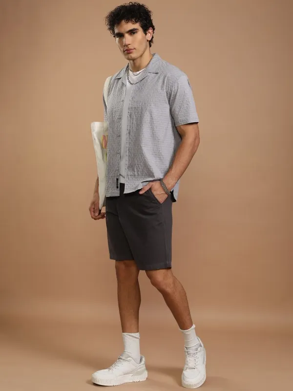Highlander Men Grey Textured Relaxed Fit Casual Shirt