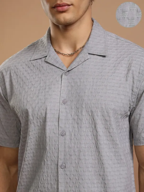 Highlander Men Grey Textured Relaxed Fit Casual Shirt
