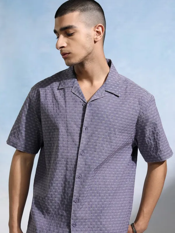 Highlander Men Blue Textured Relaxed Fit Casual Shirt