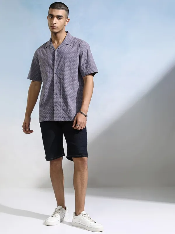 Highlander Men Blue Textured Relaxed Fit Casual Shirt