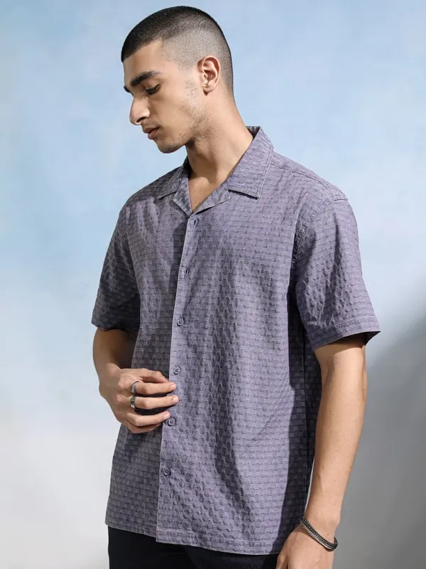 Highlander Men Blue Textured Relaxed Fit Casual Shirt