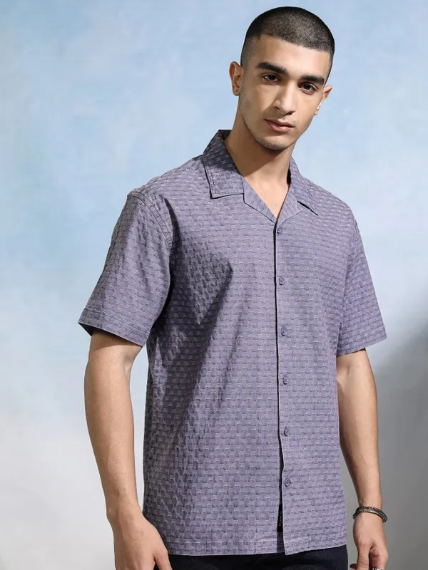 Highlander Men Blue Textured Relaxed Fit Casual Shirt