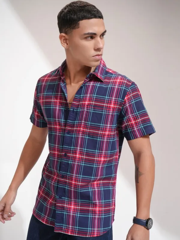 Highlander Men Navy Blue Checked Regular Fit Casual Shirt