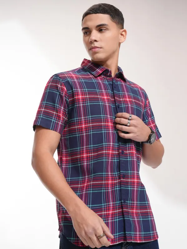 Highlander Men Navy Blue Checked Regular Fit Casual Shirt