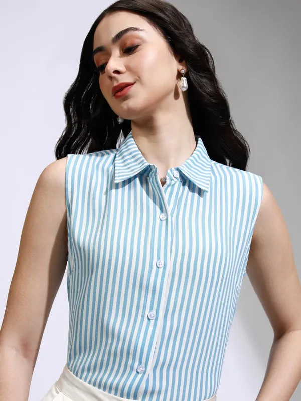 Tokyo Talkies Women Blue Striped Regular Fit Casual Shirt