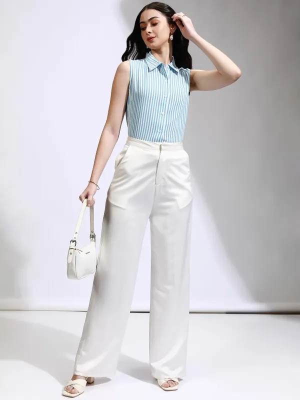 Tokyo Talkies Women Blue Striped Regular Fit Casual Shirt
