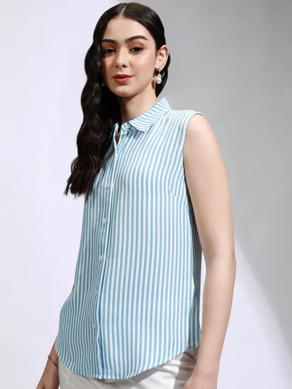 Tokyo Talkies Women Blue Striped Regular Fit Casual Shirt