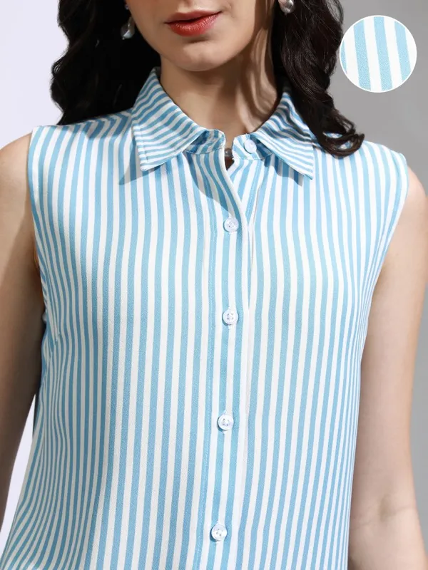 Tokyo Talkies Women Blue Striped Regular Fit Casual Shirt
