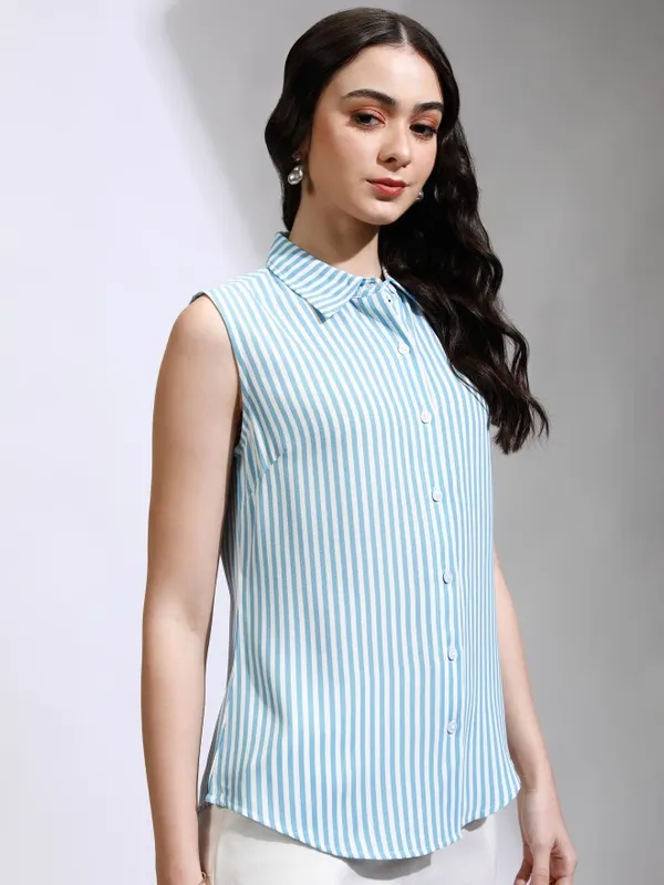 Tokyo Talkies Women Blue Striped Regular Fit Casual Shirt