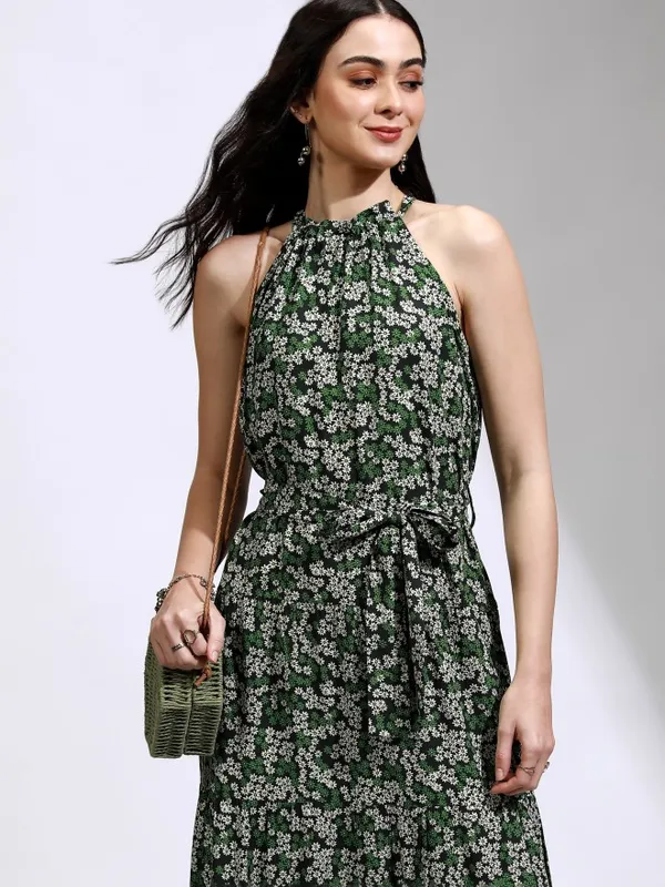 Tokyo Talkies Women Green Printed Fit And Flare Dress