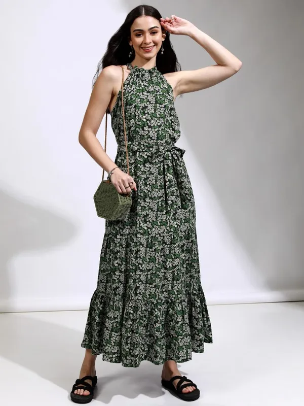 Tokyo Talkies Women Green Printed Fit And Flare Dress