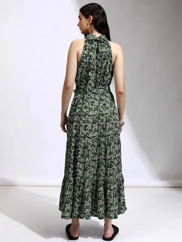 Tokyo Talkies Women Green Printed Fit And Flare Dress