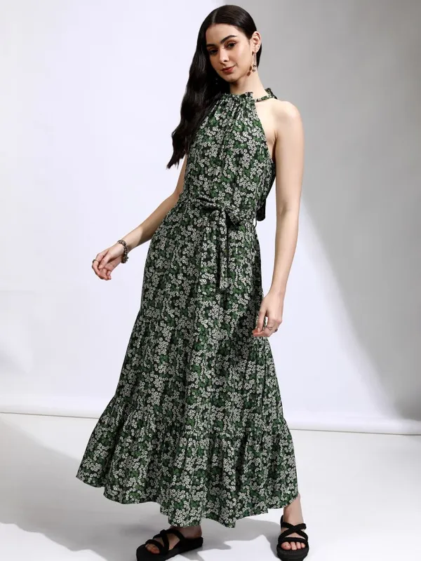 Tokyo Talkies Women Green Printed Fit And Flare Dress