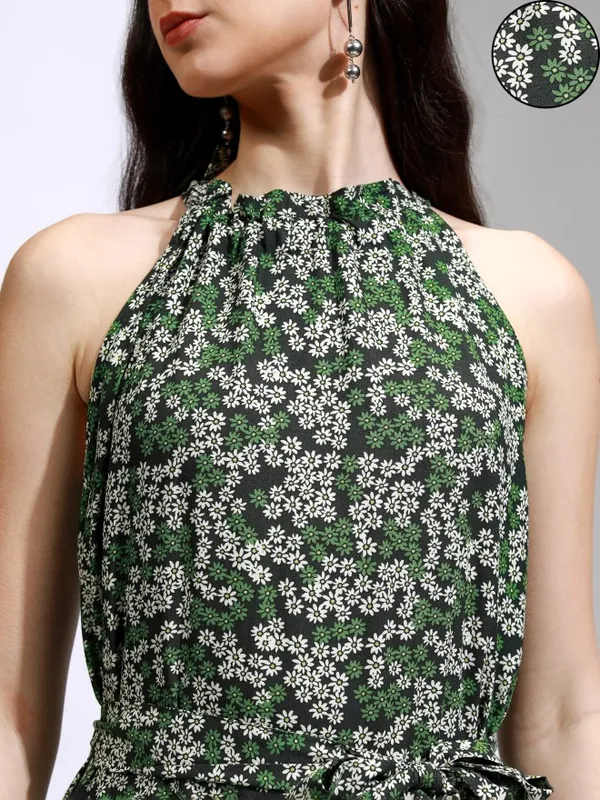 Tokyo Talkies Women Green Printed Fit And Flare Dress
