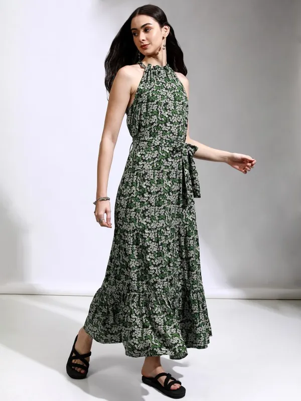 Tokyo Talkies Women Green Printed Fit And Flare Dress