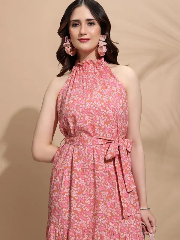 Tokyo Talkies Women Rust Printed Fit And Flare Dress
