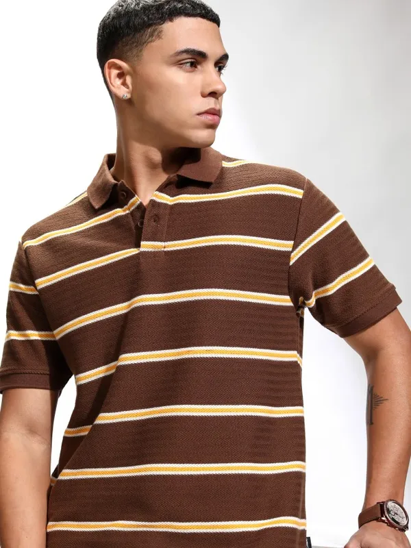 Highlander Men Brown Striped Polo Collar T-Shirt
