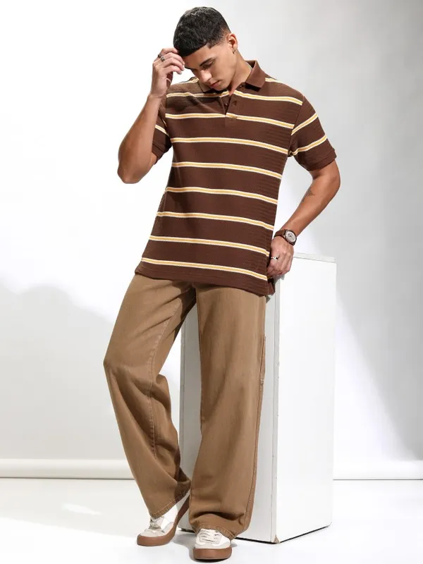 Highlander Men Brown Striped Polo Collar T-Shirt