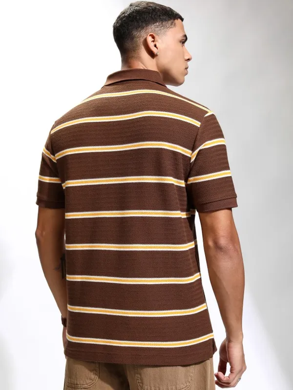 Highlander Men Brown Striped Polo Collar T-Shirt