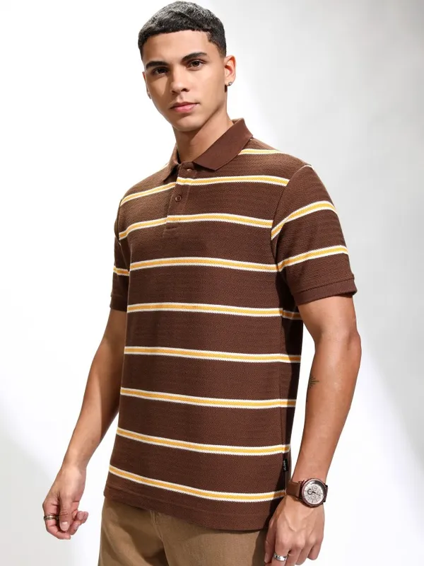 Highlander Men Brown Striped Polo Collar T-Shirt