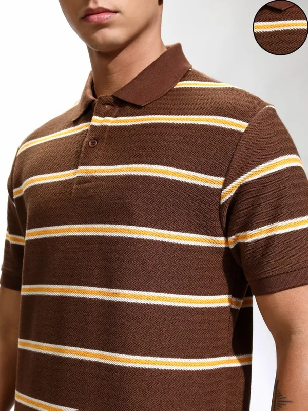Highlander Men Brown Striped Polo Collar T-Shirt