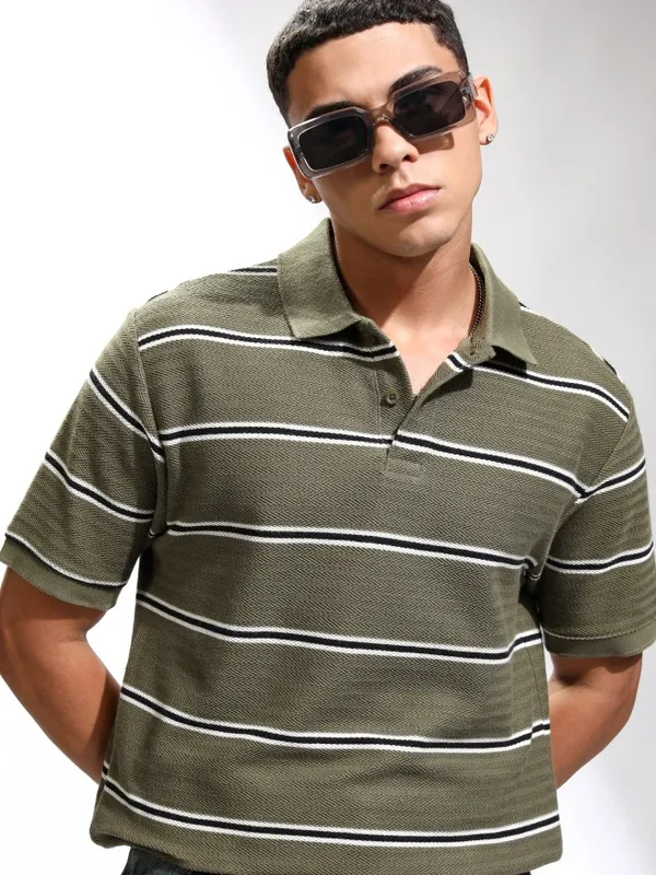 Highlander Men Olive Self Design Polo Collar T-Shirt
