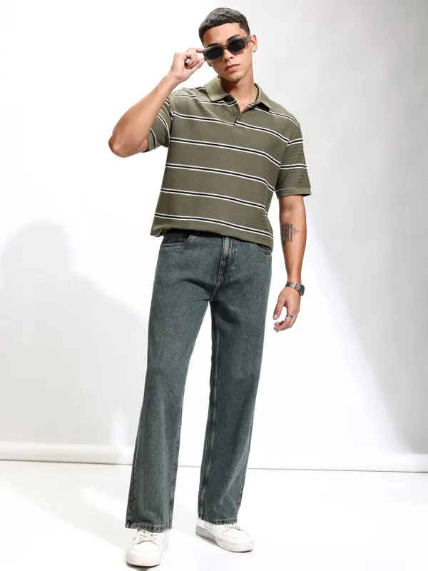 Highlander Men Olive Self Design Polo Collar T-Shirt