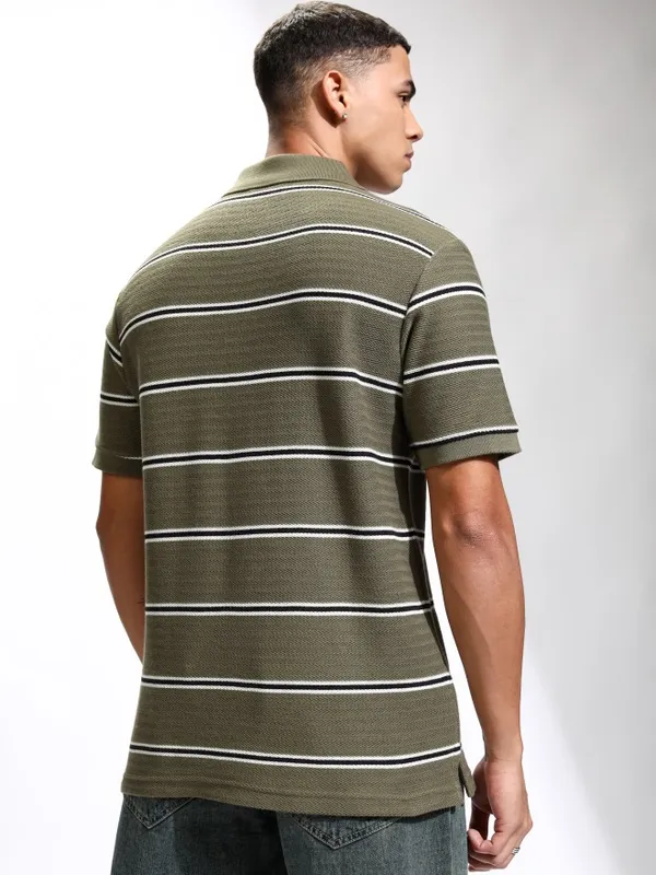 Highlander Men Olive Self Design Polo Collar T-Shirt