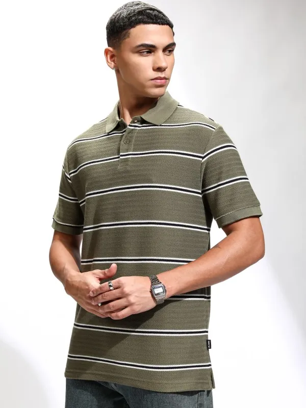Highlander Men Olive Self Design Polo Collar T-Shirt