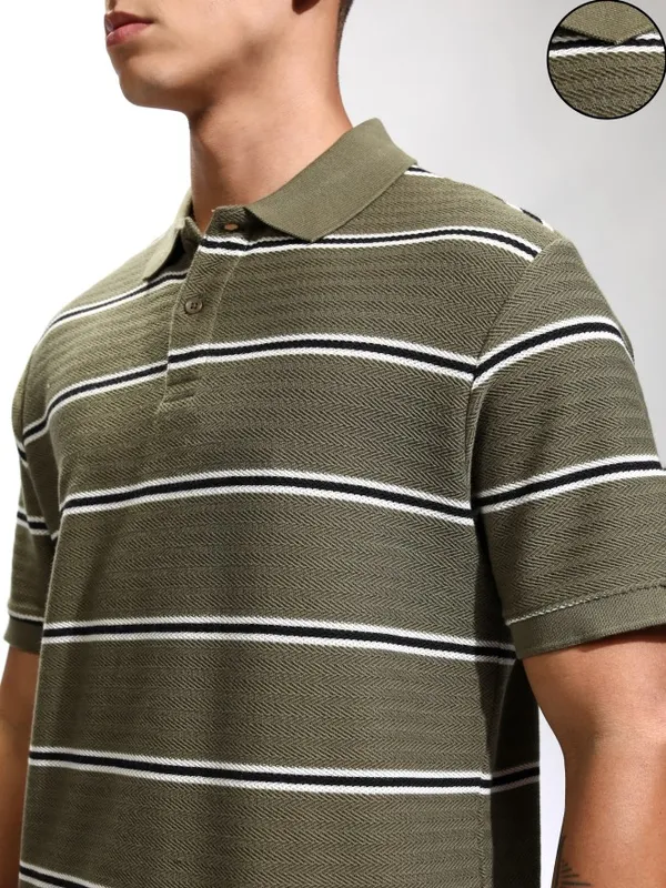 Highlander Men Olive Self Design Polo Collar T-Shirt