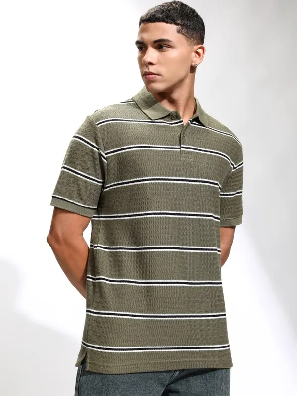 Highlander Men Olive Self Design Polo Collar T-Shirt