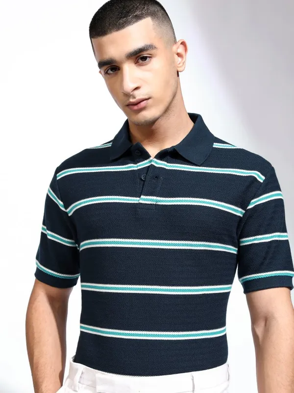 Highlander Men Navy Blue Striped Polo Collar T-Shirt