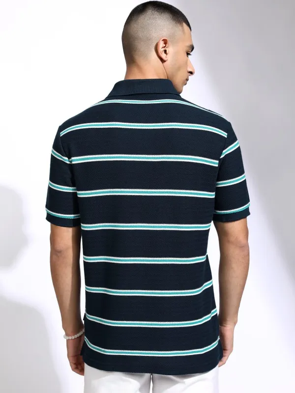 Highlander Men Navy Blue Striped Polo Collar T-Shirt