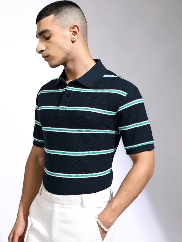Highlander Men Navy Blue Striped Polo Collar T-Shirt