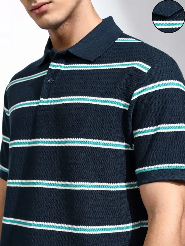 Highlander Men Navy Blue Striped Polo Collar T-Shirt