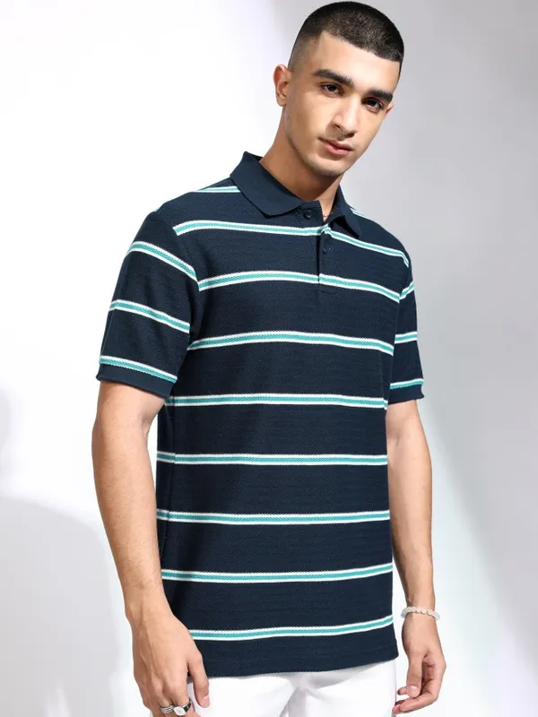 Highlander Men Navy Blue Striped Polo Collar T-Shirt