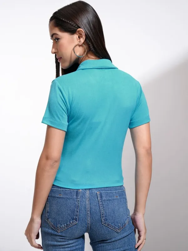 Tokyo Talkies Women Blue Solid Fitted Top