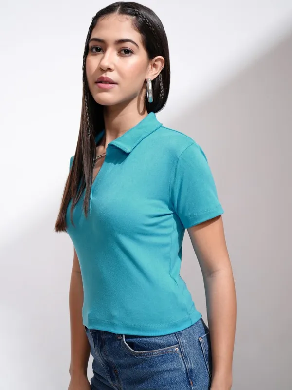 Tokyo Talkies Women Blue Solid Fitted Top