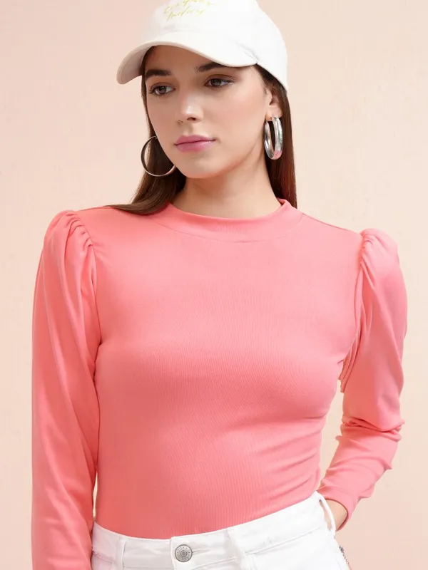 Tokyo Talkies Women Pink Solid Fitted Top