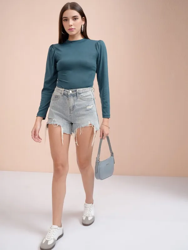 Tokyo Talkies Women Teal Solid Fitted Top