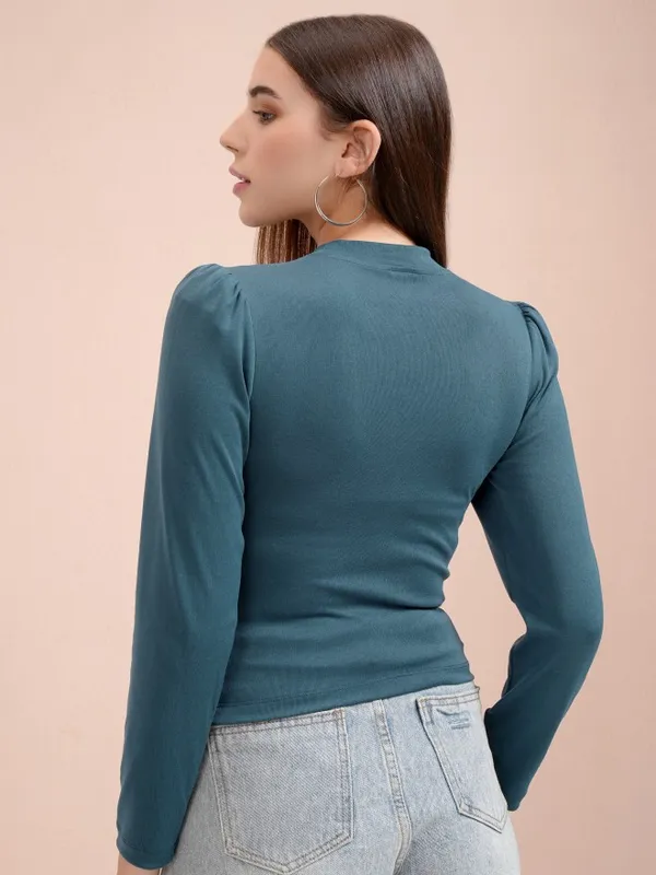 Tokyo Talkies Women Teal Solid Fitted Top