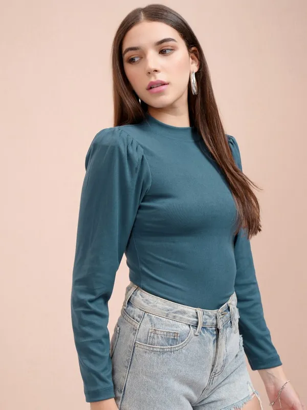 Tokyo Talkies Women Teal Solid Fitted Top