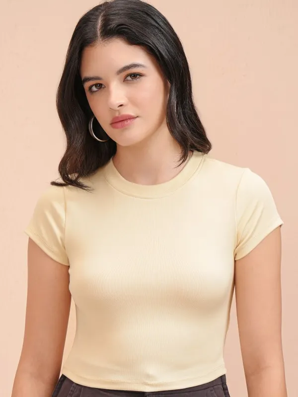 Tokyo Talkies Women Beige Solid Fitted Top
