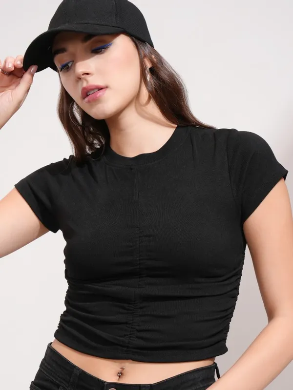 Tokyo Talkies Women Black Solid Fitted Top