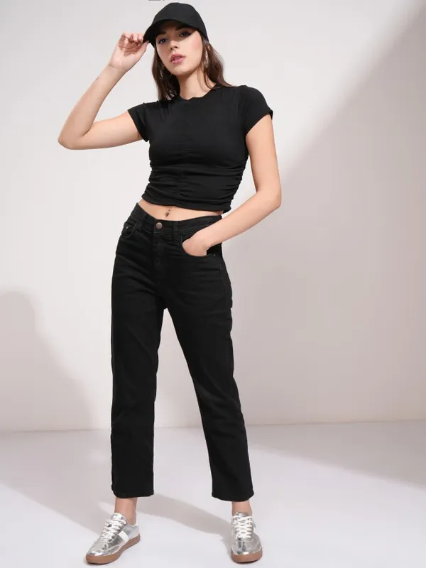 Tokyo Talkies Women Black Solid Fitted Top