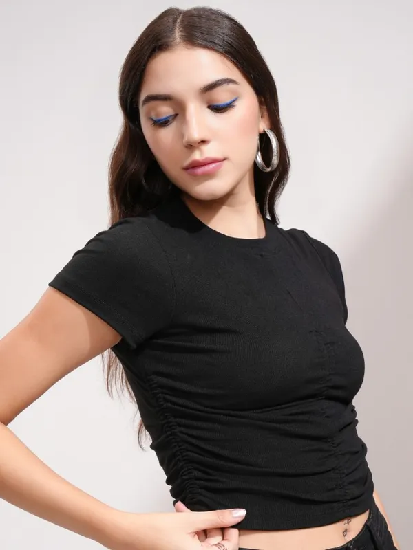 Tokyo Talkies Women Black Solid Fitted Top