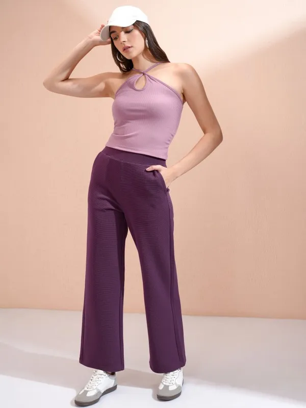 Tokyo Talkies Women Purple Solid Straight Fit Casual Trouser