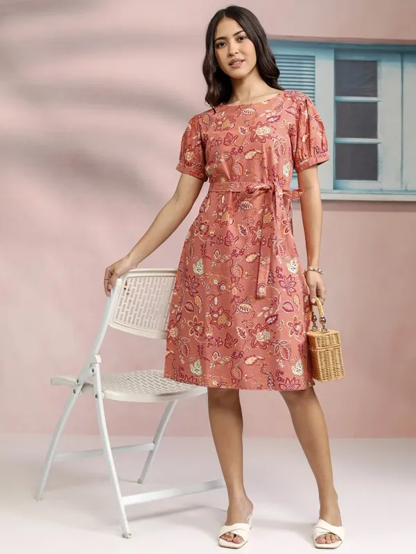 Tokyo Talkies Women Coral Printed A-Line Dress