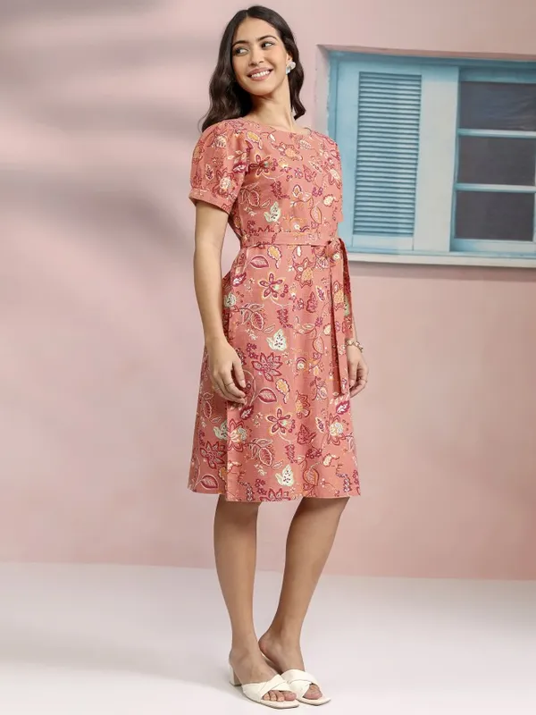 Tokyo Talkies Women Coral Printed A-Line Dress